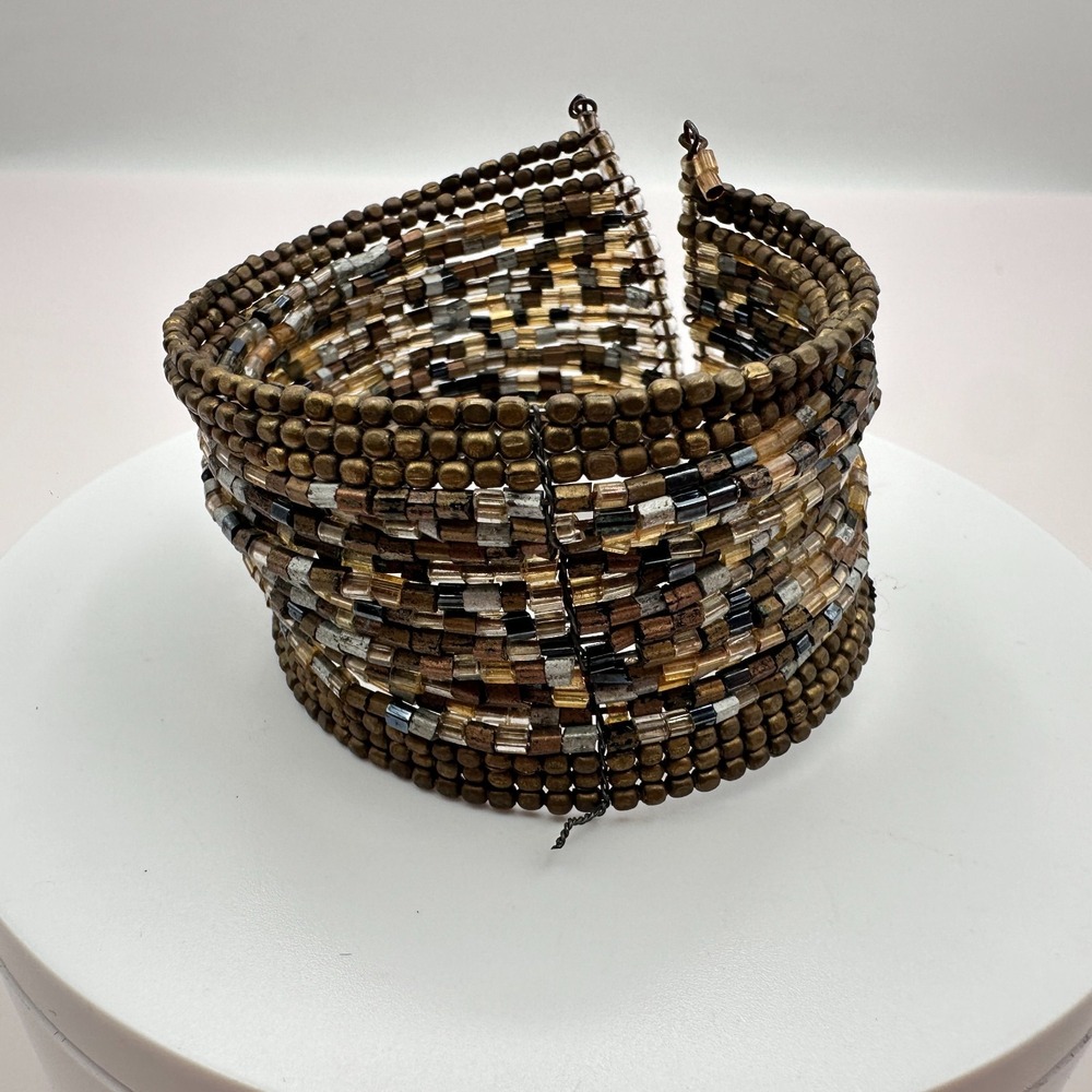 Vintage 90s Bronze Multi-Strand Glass Seed Bead Cuff Bracelet